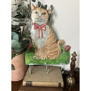 VTG Folk Art Metal Orange Cat Wall Hook Rack Hand Painted Whimsical Cottagecore